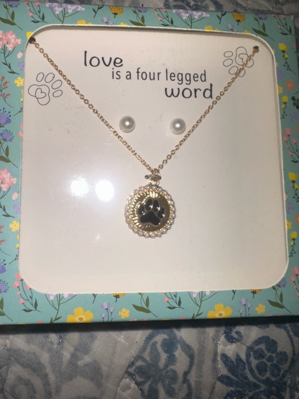 Gold Paw Print Pendant Necklace and Pearl Stud Earrings - Dog Lover Jewelry